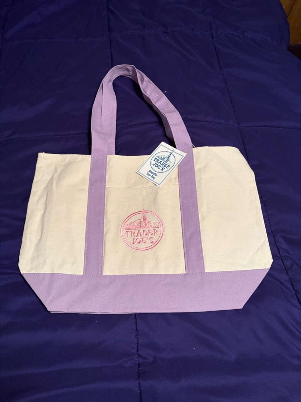 Large Cream and Lavender Canvas Tote Bag from Trader Joe’s